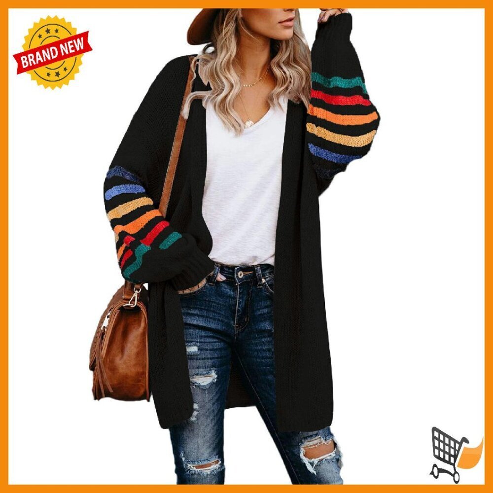 Long Open Front Cardigan Striped Color Block Loose Knit Sweater